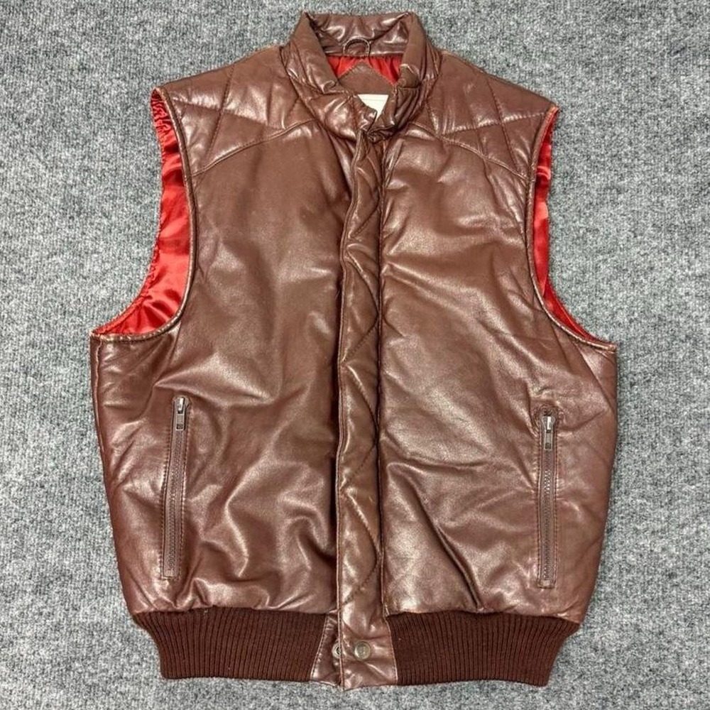 Vintage Georgetown Leather Design Brown Puffer Vest Silk Lined Size 40